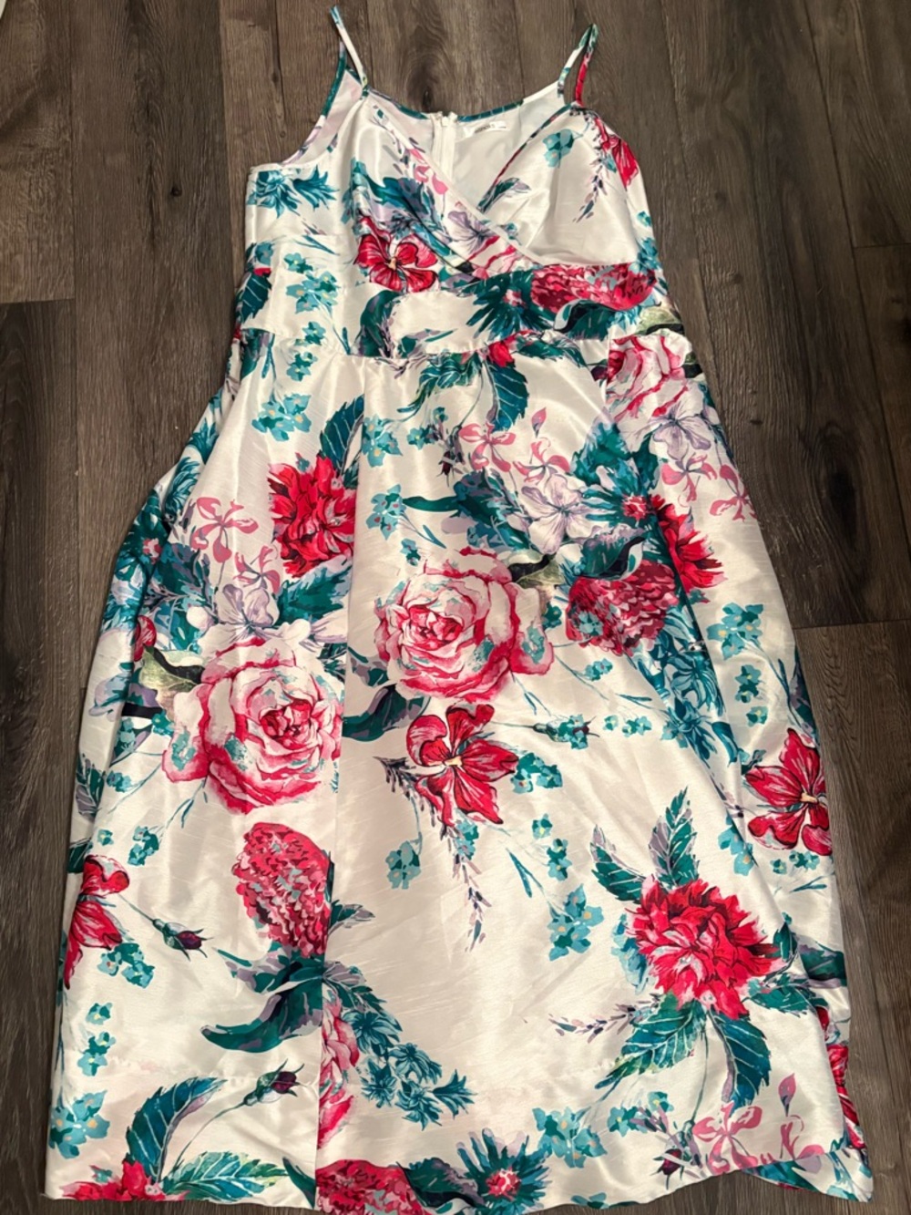 White Tropical Floral Print Taffeta Gown